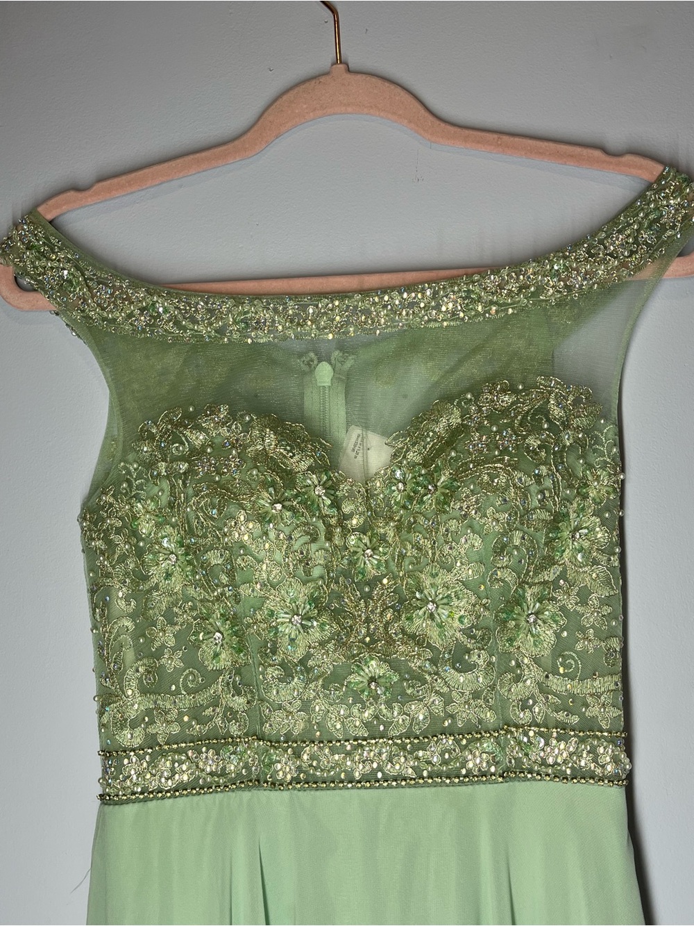 Off-Shoulder Beaded Bodice Chiffon Evening Dress in Sage Green